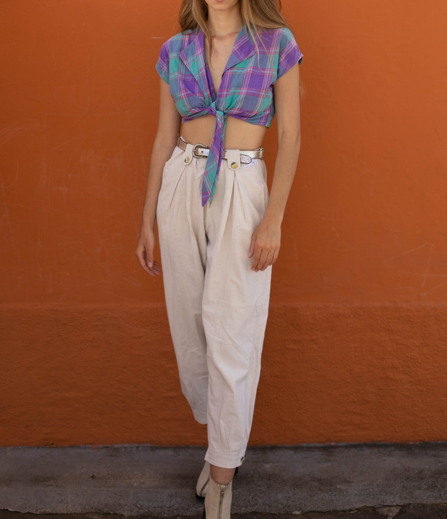 Purple green lumberjack summer blouse, Vintage plaid women's shirt, Cotton check button down shirt, Cute knot tie wrap top, S