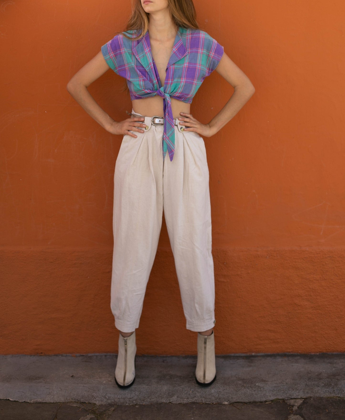 Purple green lumberjack summer blouse, Vintage plaid women's shirt, Cotton check button down shirt, Cute knot tie wrap top, S