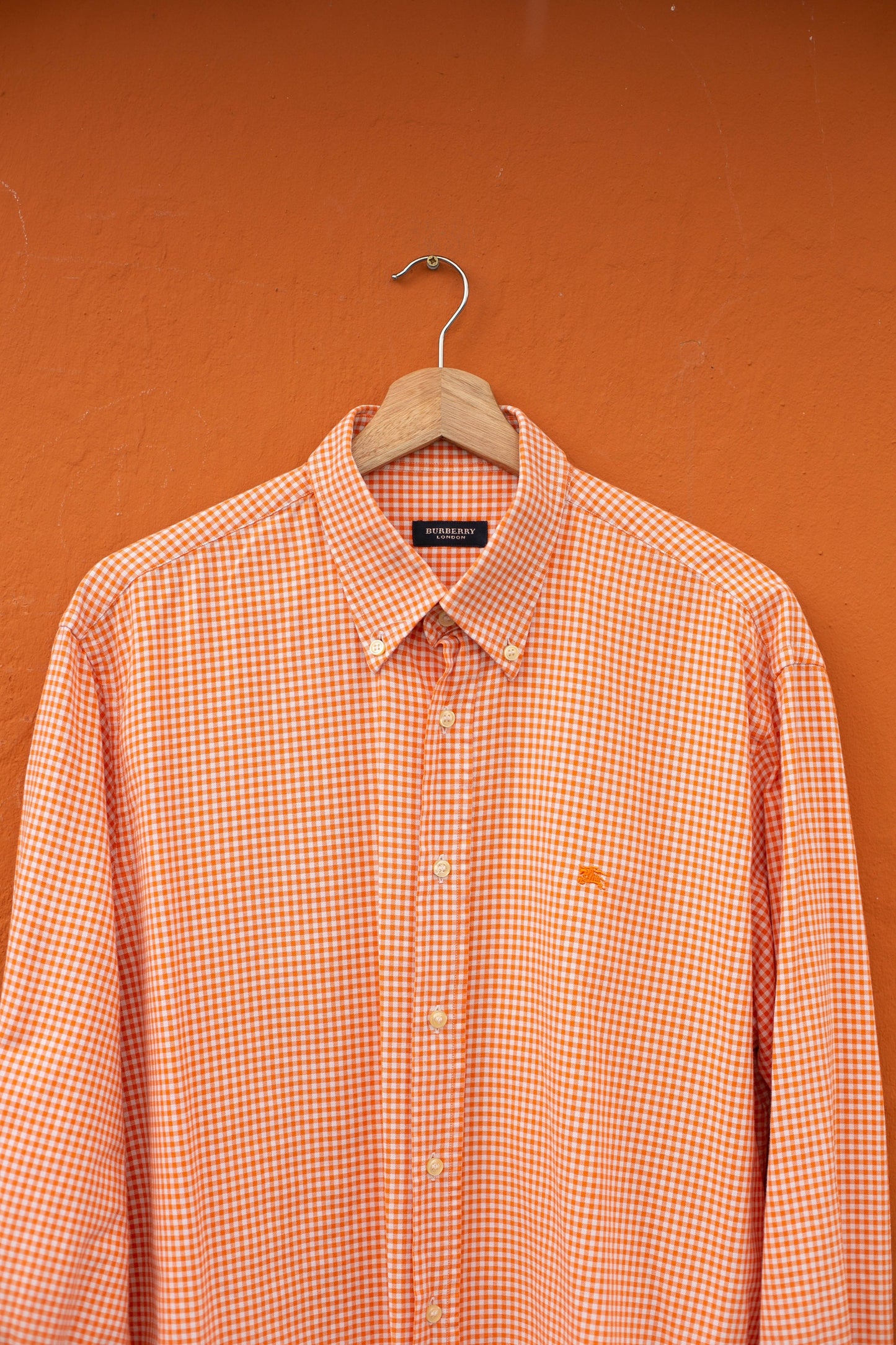 Vintage Burberry London checkered orange button up shirt, Collared long sleeve design shirt, Oxford summer blouse, US L - XXL