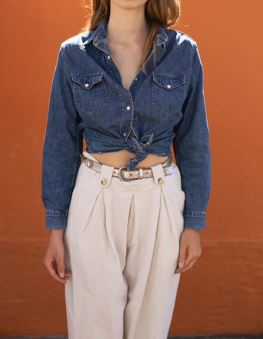 Vintage FIORUCCI dark blue denim woman button down, Cool Jeans shirt, Retro aesthetic, Women's long sleeve blouse, l