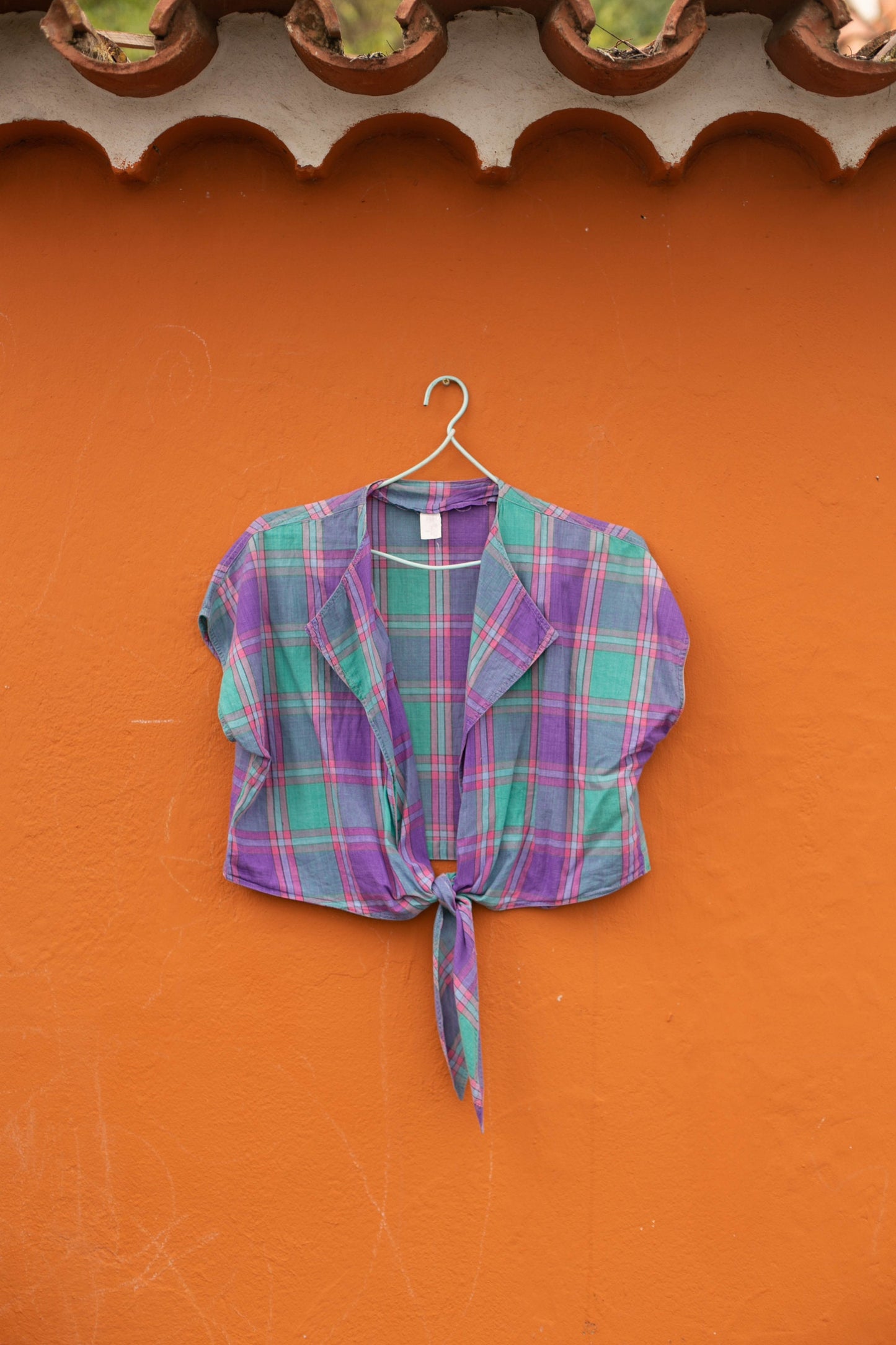 Purple green lumberjack summer blouse, Vintage plaid women's shirt, Cotton check button down shirt, Cute knot tie wrap top, S