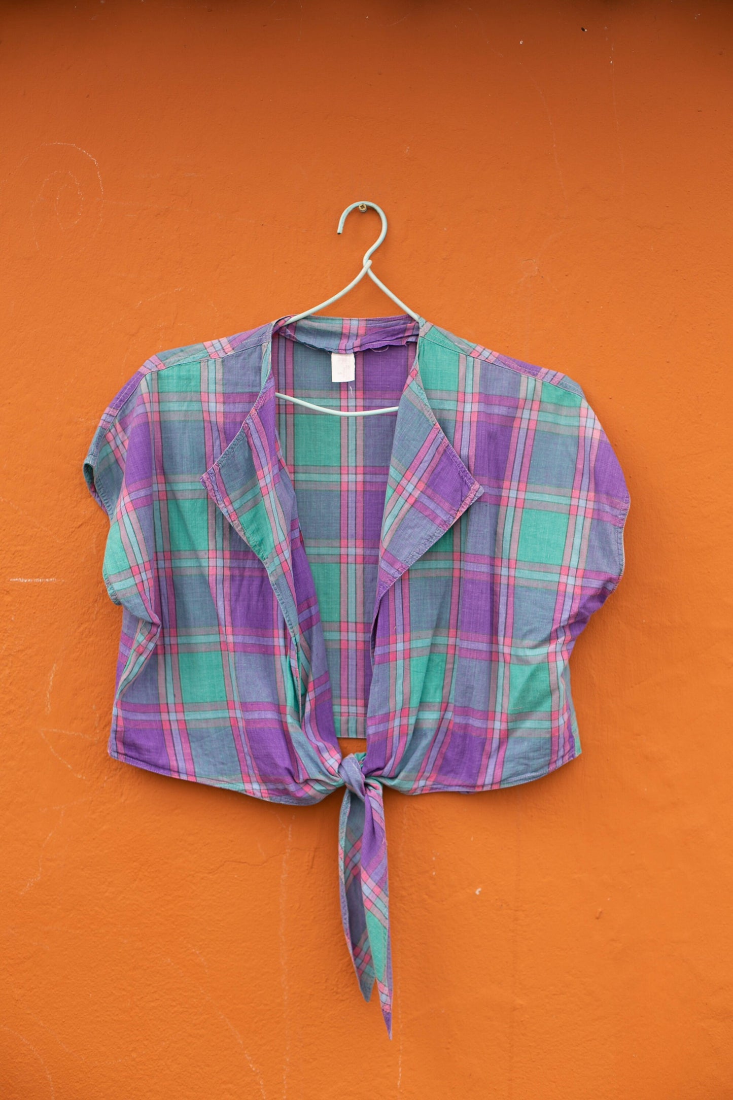 Purple green lumberjack summer blouse, Vintage plaid women's shirt, Cotton check button down shirt, Cute knot tie wrap top, S