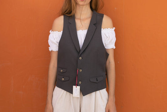 Vintage grey gilet, embroidered waistcoat, White original giler, Boho hippie festival wear, XL