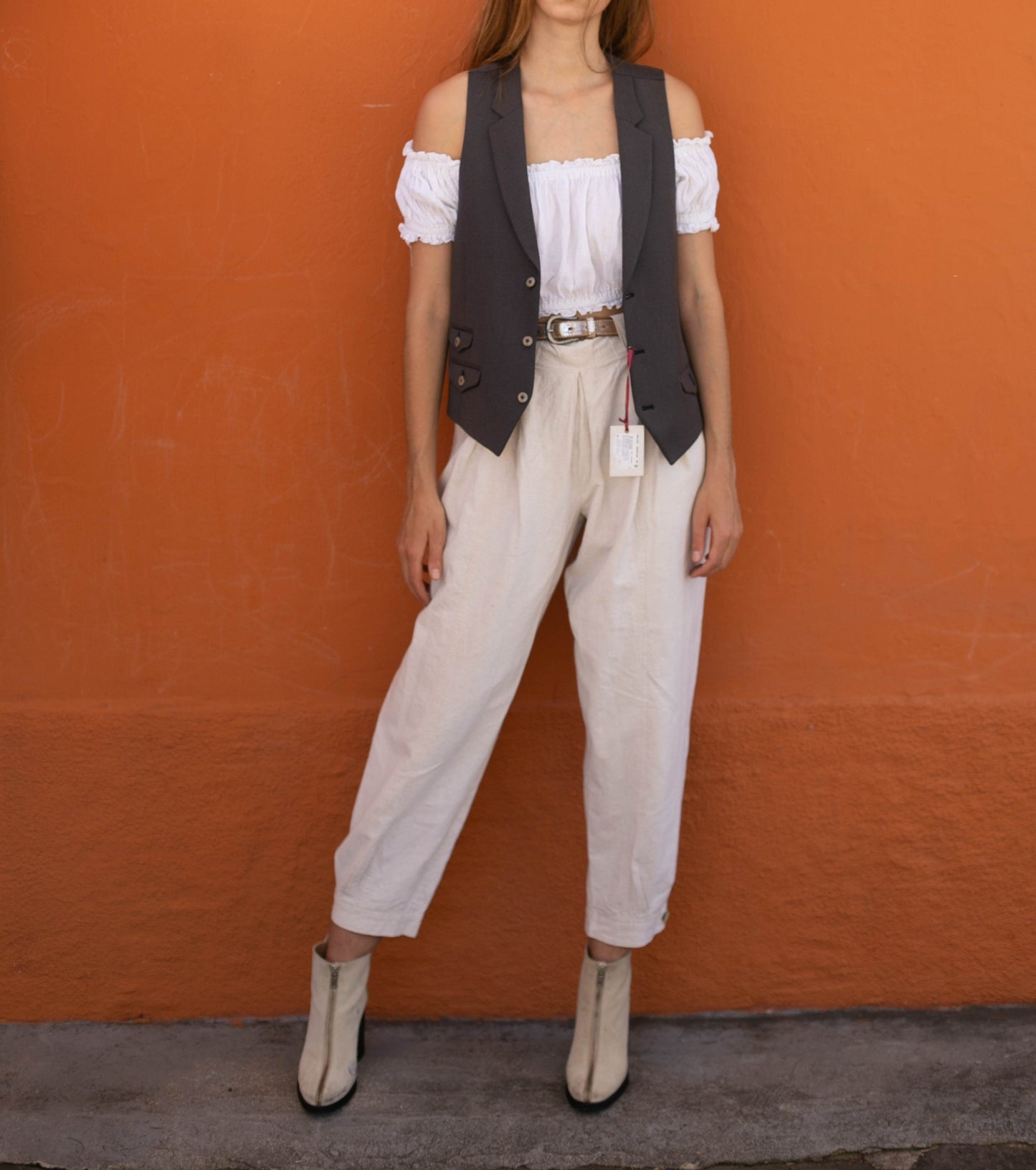 Vintage grey gilet, embroidered waistcoat, White original giler, Boho hippie festival wear, XL