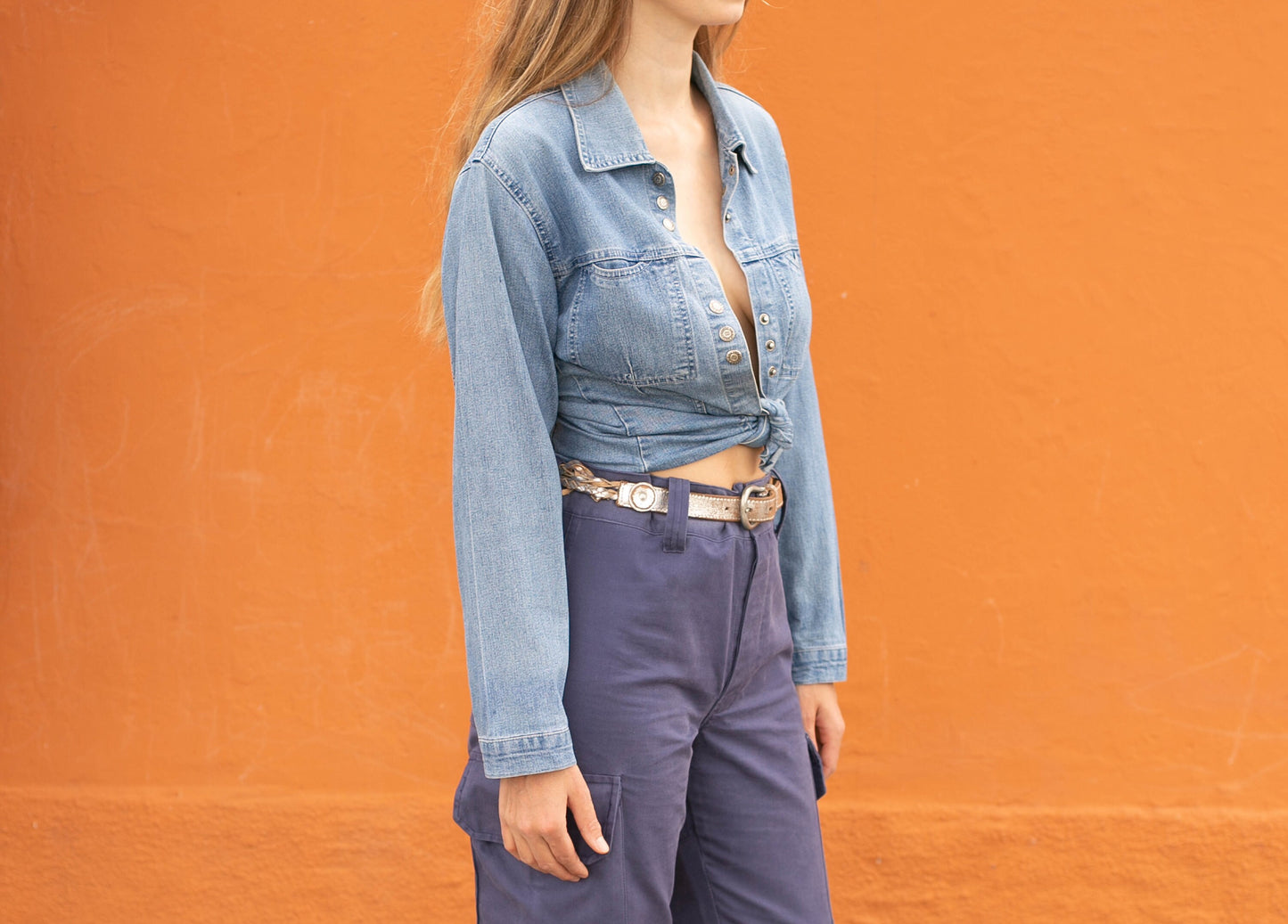 Y2k denim on denim blouse, 80s Vintage jeans shirt, 90s aesthetic, M