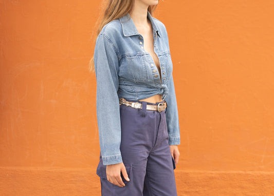 Y2k denim on denim blouse, 80s Vintage jeans shirt, 90s aesthetic, M