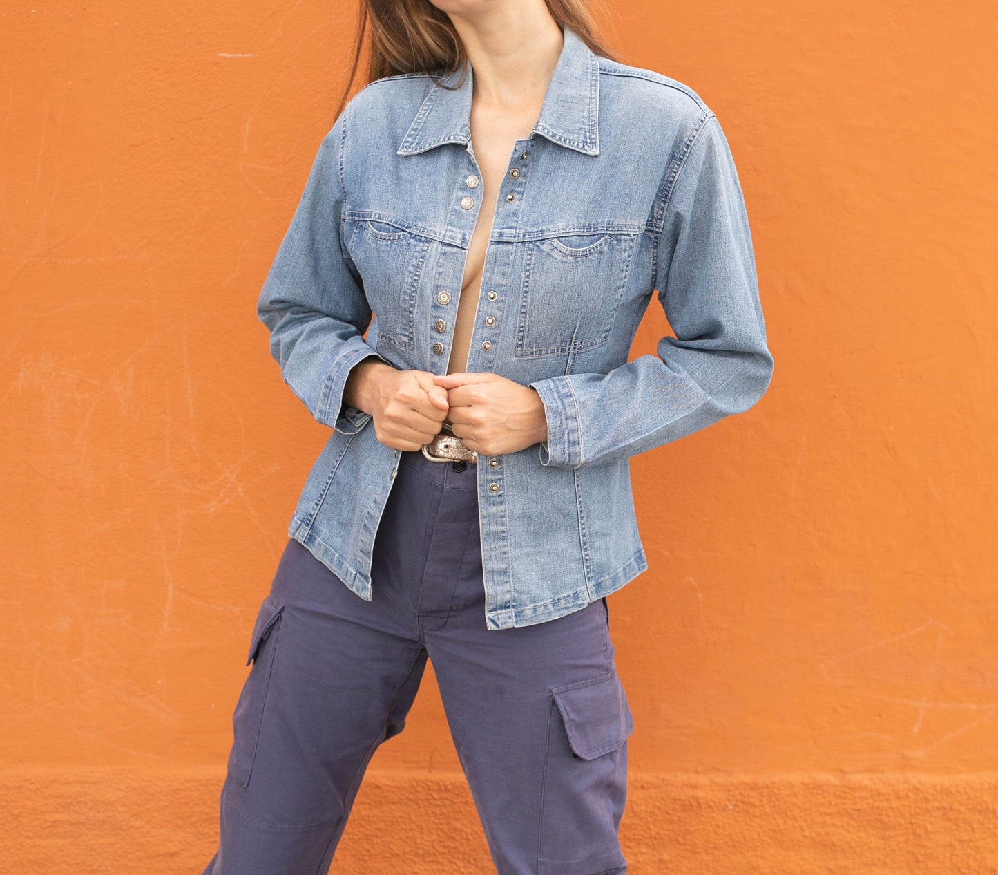 Y2k denim on denim blouse, 80s Vintage jeans shirt, 90s aesthetic, M