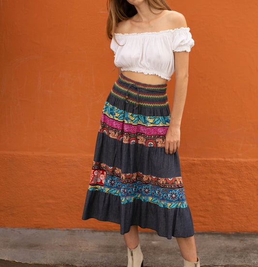 Vintage floral long skirt, Handmade patchwork skirt, Retro maxi skirt, Denim Ibiza style outfit, High waist hippie skirt