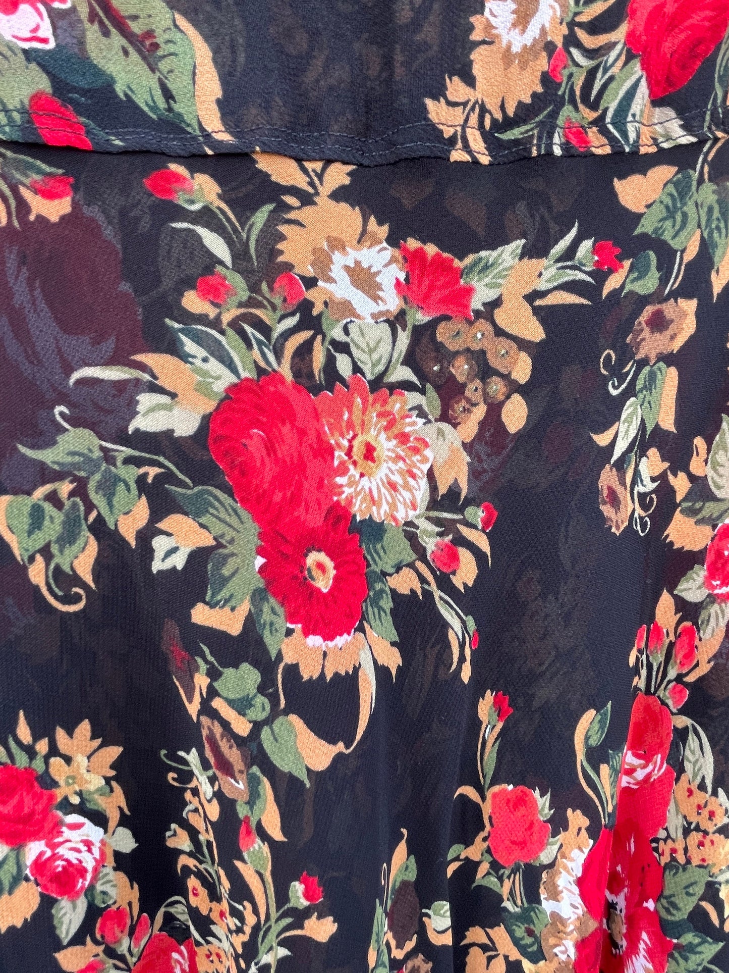 Chic Black Floral Rose Print Summer Skirt - Sheer midi skirt Elastic Waist, Lightweight & Flowy