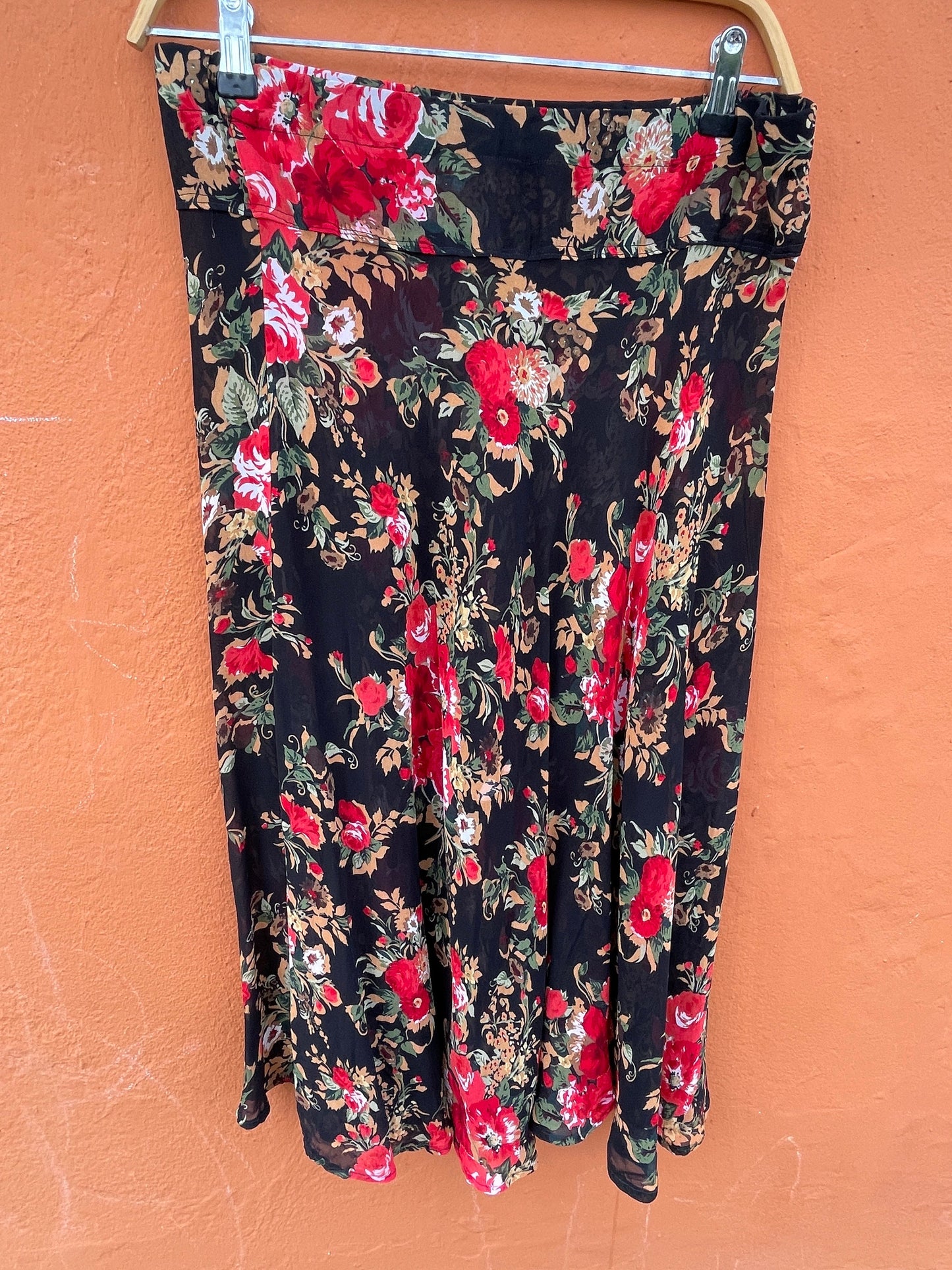 Chic Black Floral Rose Print Summer Skirt - Sheer midi skirt Elastic Waist, Lightweight & Flowy