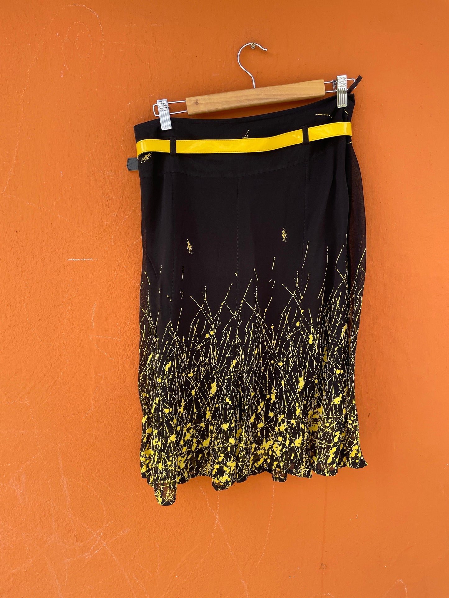 Vintage Black Skirt with Abstract Yellow Splash and Belt - Summer Chic