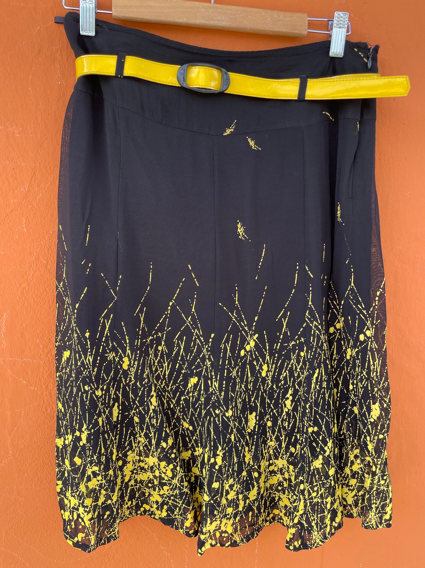 Vintage Black Skirt with Abstract Yellow Splash and Belt - Summer Chic