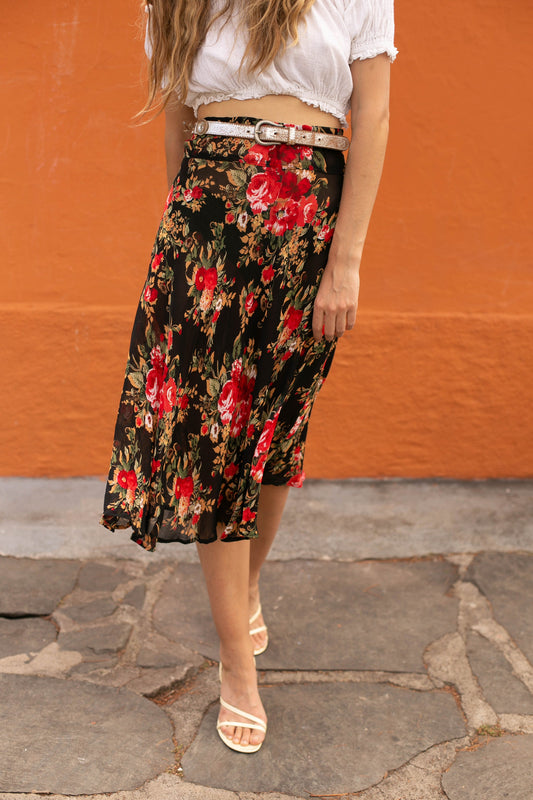 Chic Black Floral Rose Print Summer Skirt - Sheer midi skirt Elastic Waist, Lightweight & Flowy