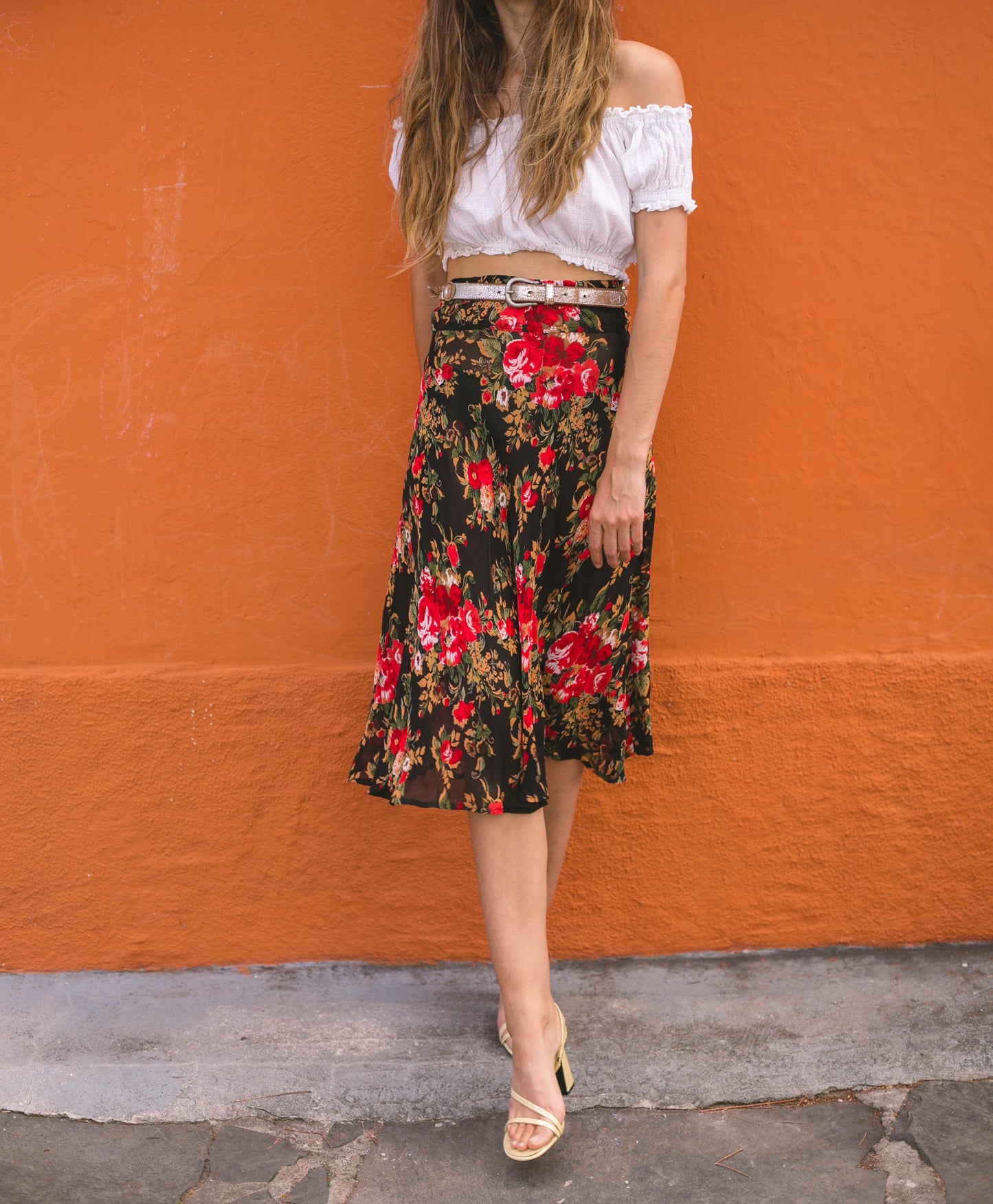Chic Black Floral Rose Print Summer Skirt - Sheer midi skirt Elastic Waist, Lightweight & Flowy