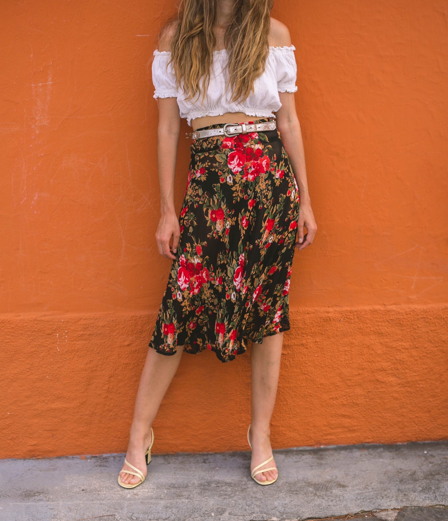 Chic Black Floral Rose Print Summer Skirt - Sheer midi skirt Elastic Waist, Lightweight & Flowy