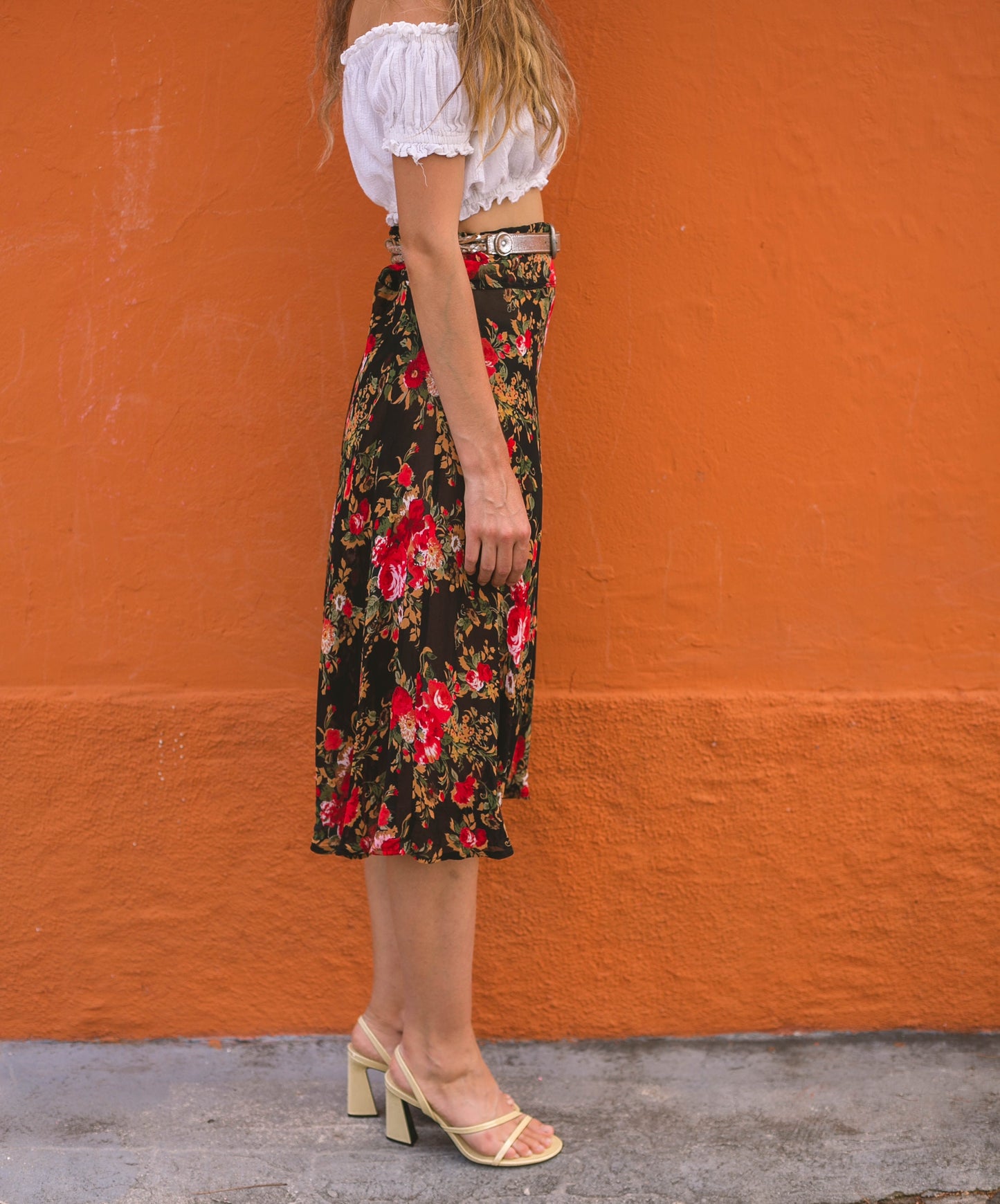 Chic Black Floral Rose Print Summer Skirt - Sheer midi skirt Elastic Waist, Lightweight & Flowy