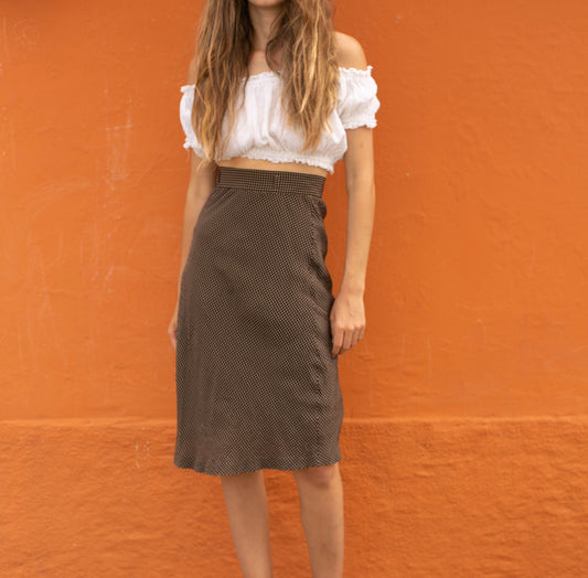 Elegant dotted pure silk woman skirt, High waist vintage midi skirt, Italian design high rise summer wear