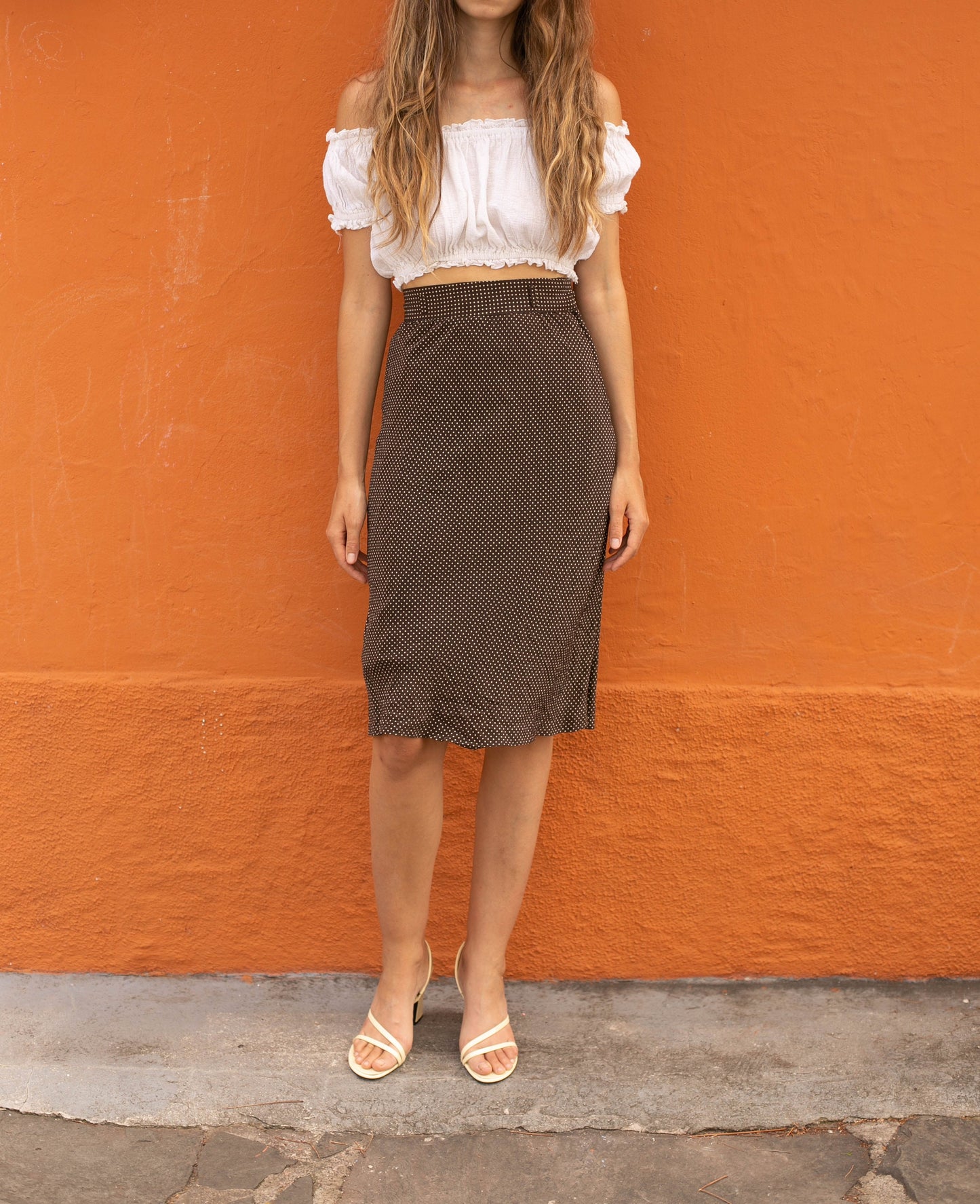 Elegant dotted pure silk woman skirt, High waist vintage midi skirt, Italian design high rise summer wear