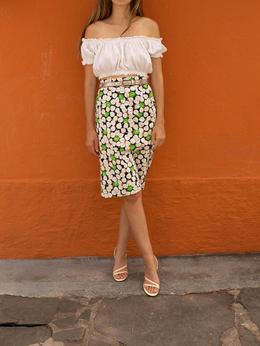 Chic Vintage Blue Pencil Skirt with White & Green Leaf Pattern, XL