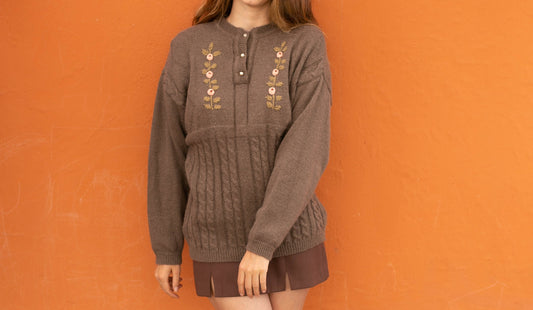 Cottage core knitwear, Vintage brown mohair sweater with pink flower embroidery.