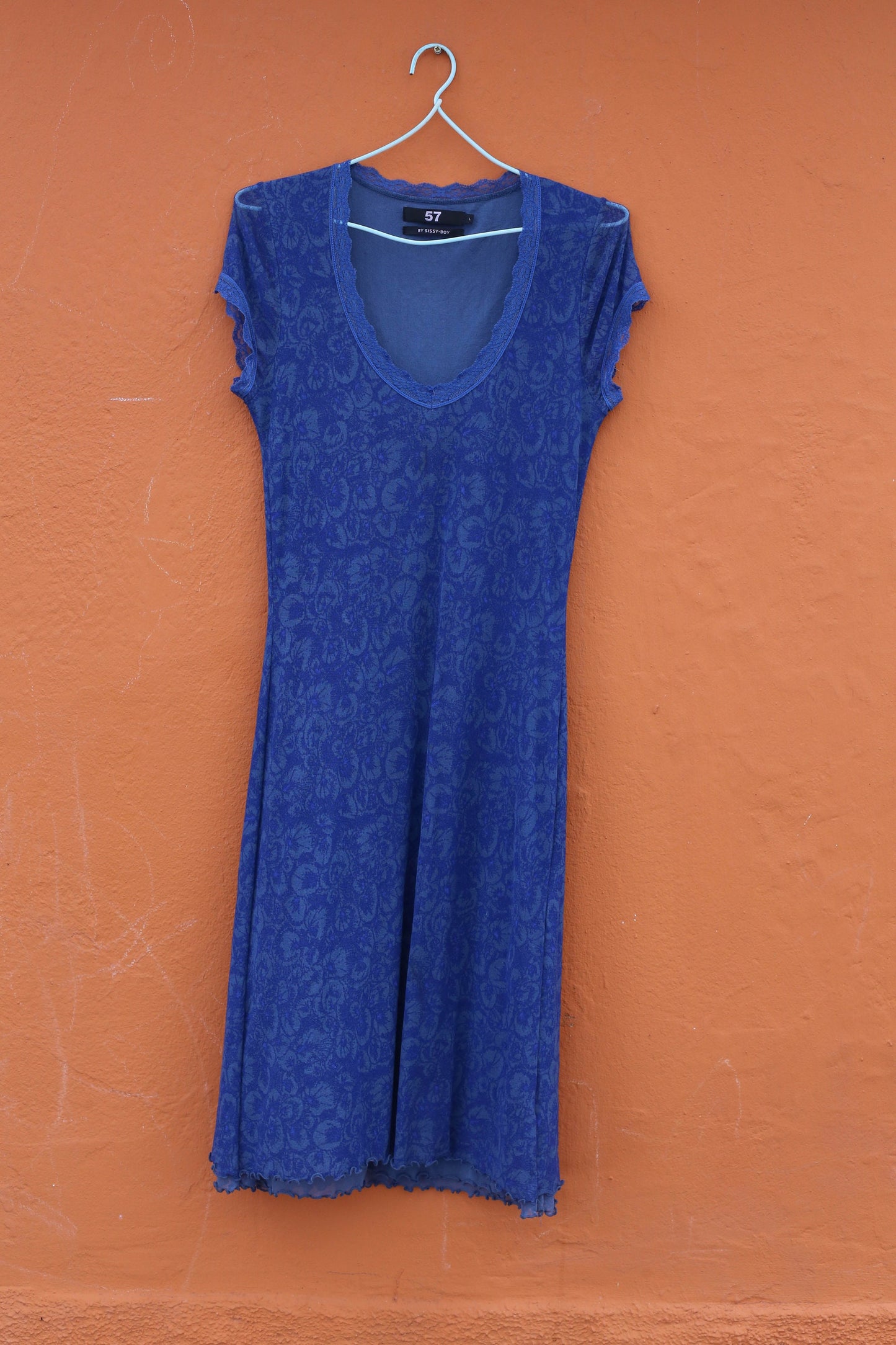 90s blue midi dress, Elegant formal dress, Sissy Boy Vintage Blue Lace Dress - Figure-Flattering Feminine Chic