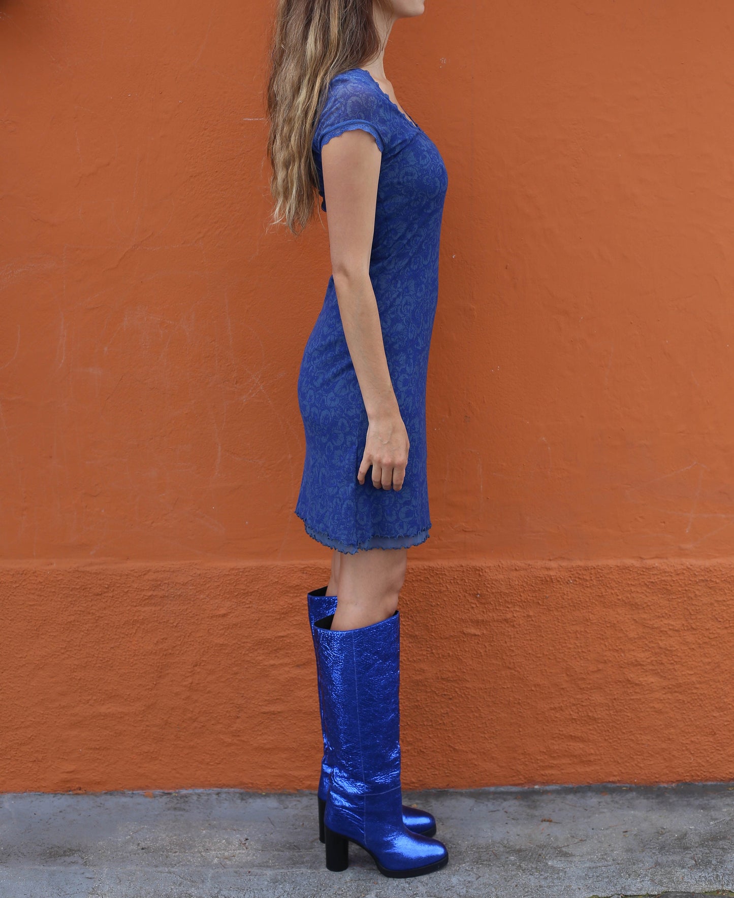 90s blue midi dress, Elegant formal dress, Sissy Boy Vintage Blue Lace Dress - Figure-Flattering Feminine Chic