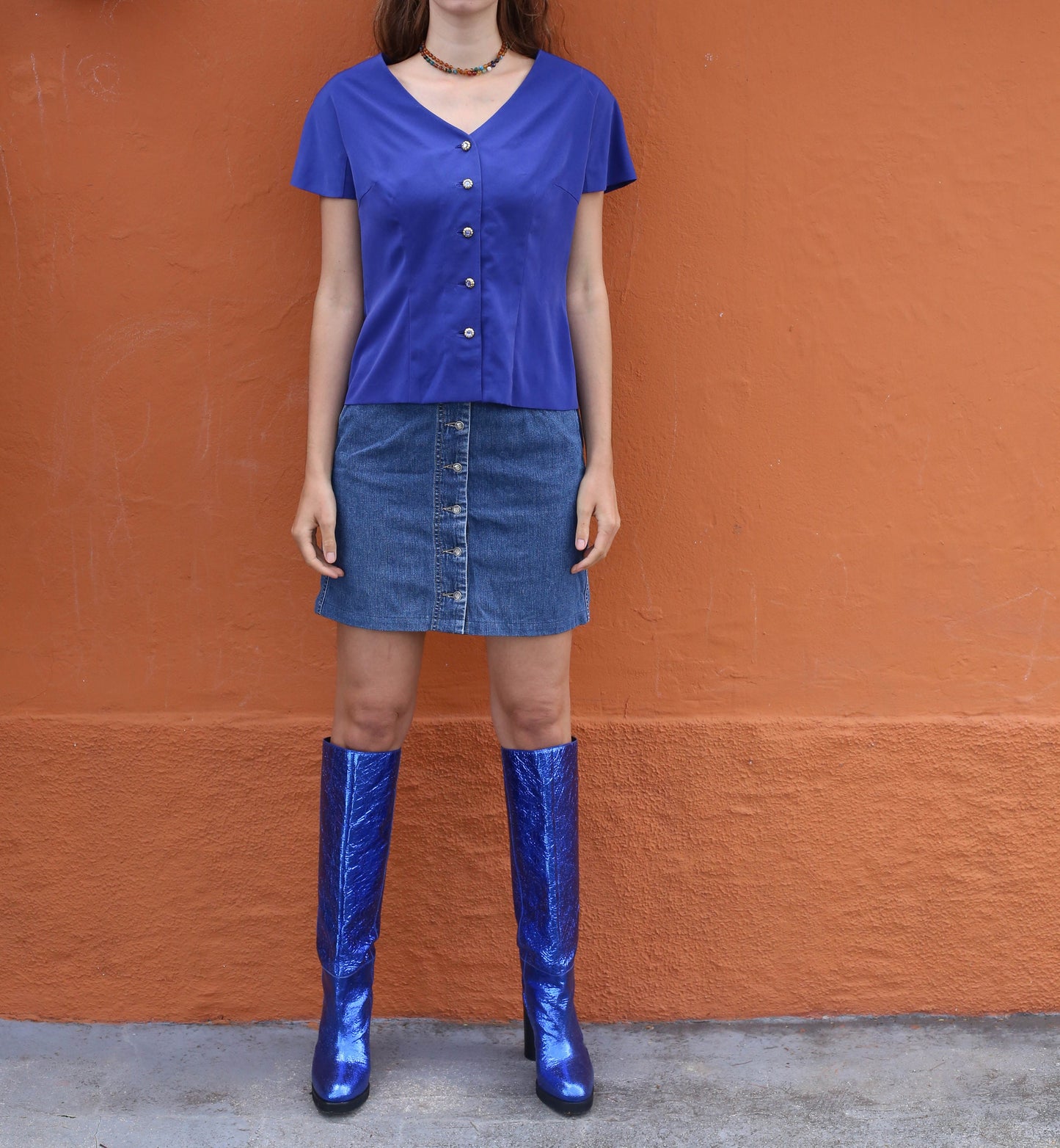 Vintage 80s Blue Satin Blouse with Removable Padded Shoulders, Silky Button Front Top, Retro Women's Shirt