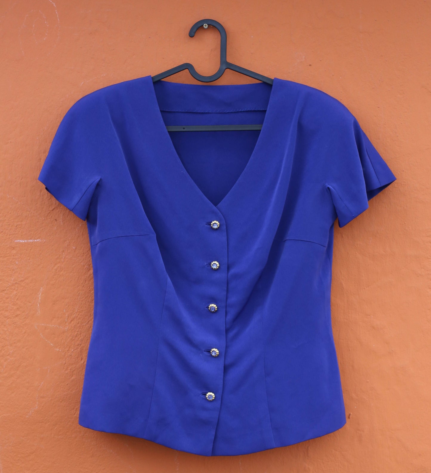 Vintage 80s Blue Satin Blouse with Removable Padded Shoulders, Silky Button Front Top, Retro Women's Shirt