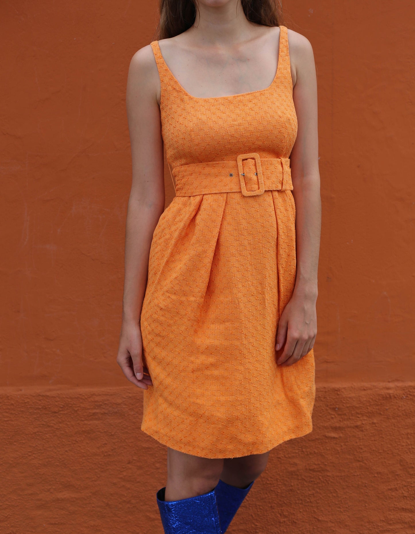 Adolfo Dominguez Orange Summer Dress, Vintage designer cocktail dress, Textured statement dress with Belt, 80s Vintage Charm
