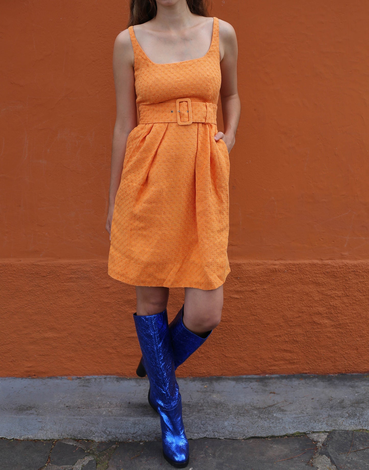 Adolfo Dominguez Orange Summer Dress, Vintage designer cocktail dress, Textured statement dress with Belt, 80s Vintage Charm