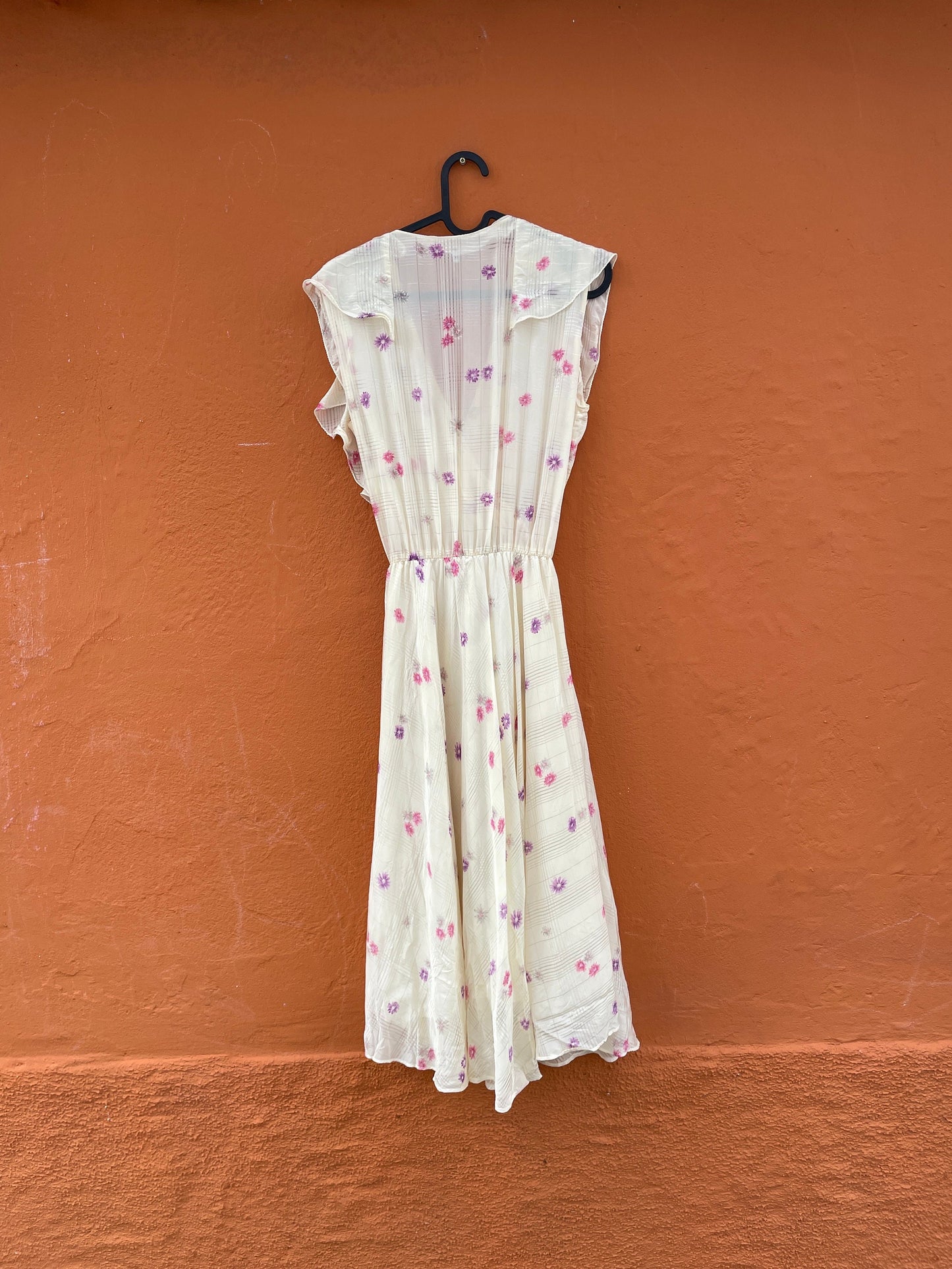 Vintage Handmade Floral Midi Dress with Ruffled V-Neckline, Wedding guest pastel dress,