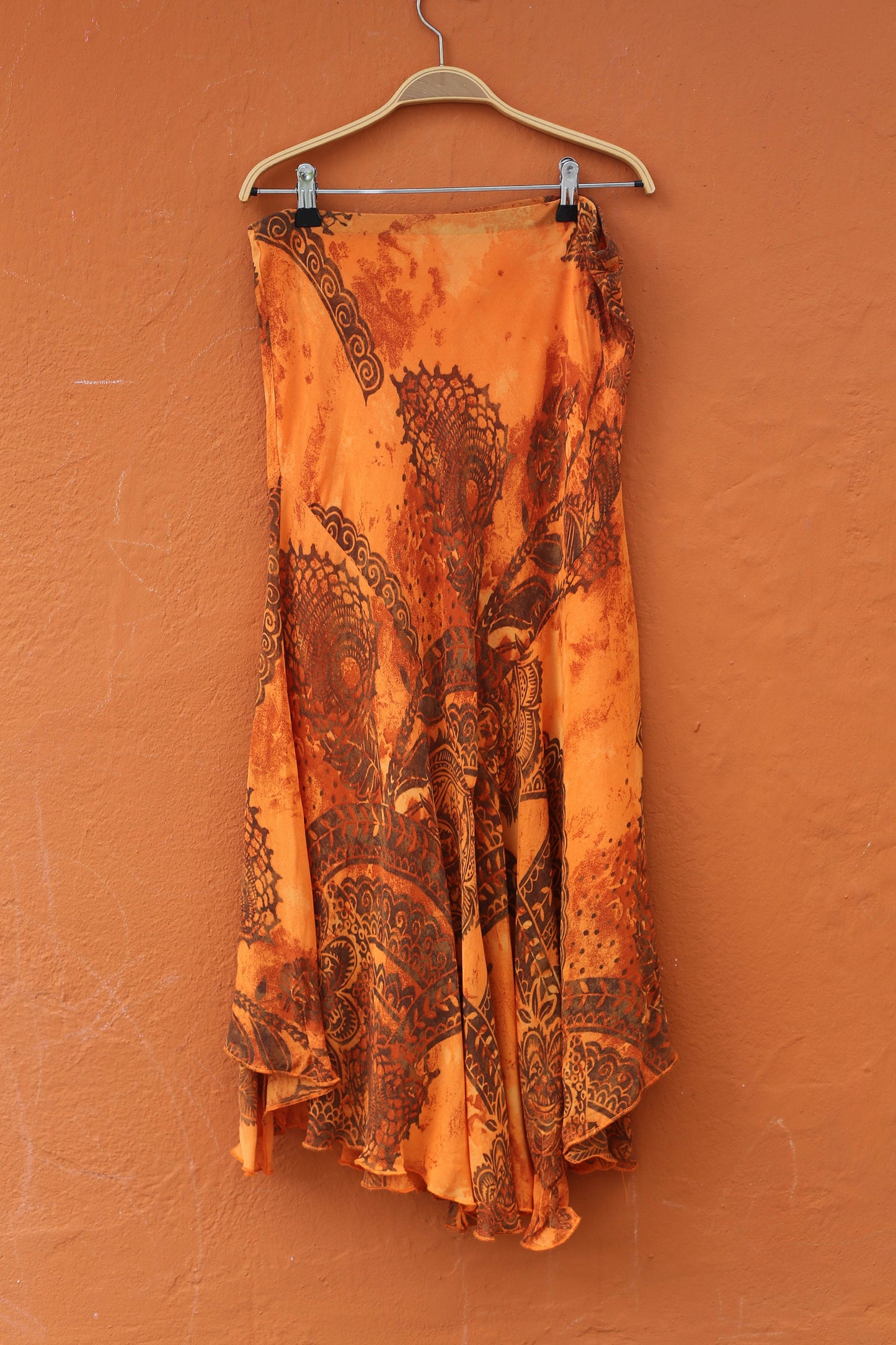 Y2K Vintage high waist midi skirt, 90s Orange Bohemian Skirt, High rise lightweight floral summer skirt