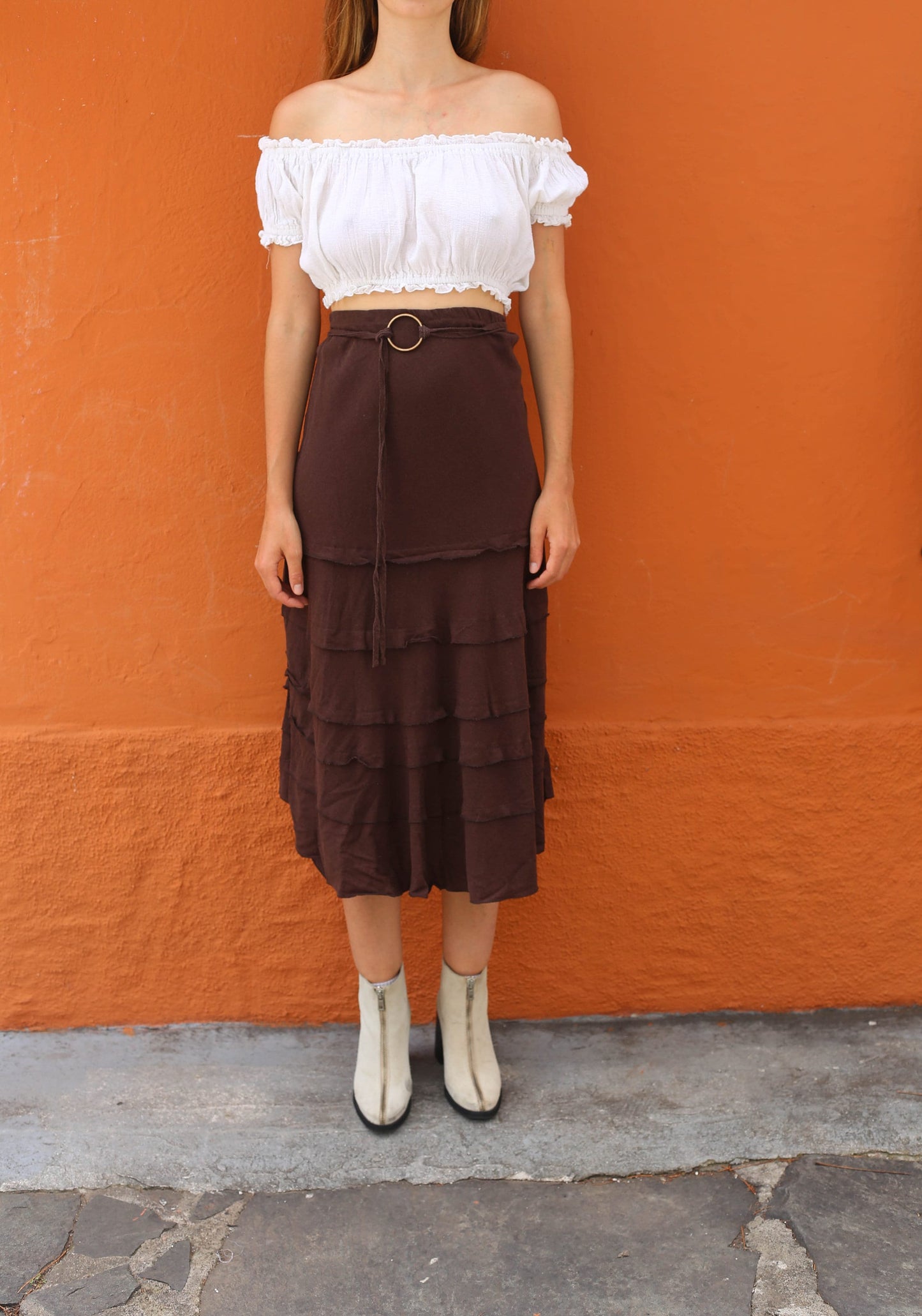 Chic Vintage Brown Boho Linen-Blend Long Skirt – D 48 / UK 22
