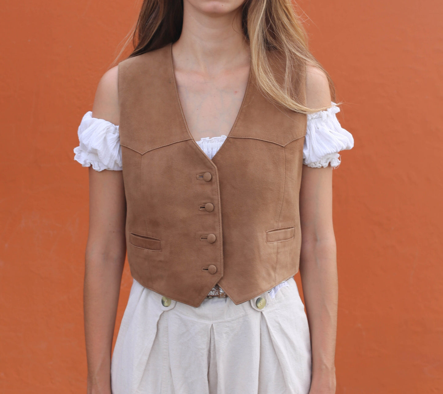Vintage light brown genuine leather waistcoat, Beo Fiorentini calf leather vest