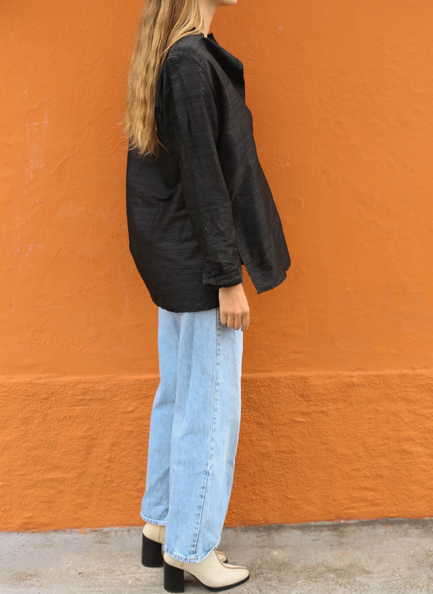 Vintage Balloon Silk Blouse – 100% Silk, Oversized Minimalist Shirt with Removable Shoulder Pads