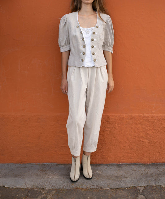 Vintage Linen Puff Sleeve Bavarian Blouse — detail