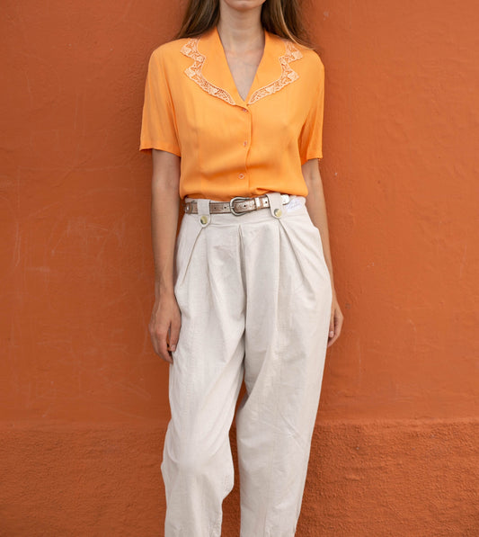 Vintage tangerine orange woman blouse, 70s blouse, Secretary blouse, Summer shirt, Elegant Blouse with Lace Collar, Summer Chic, US 12–14