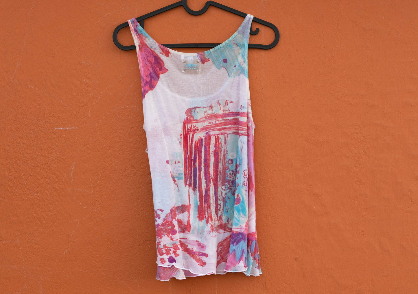 Vintage Y2K Krizia Jeans camisole, Colourful tank top, Pink and blue sheer top, See through net shirt, lightweight summer clothing, USA 8