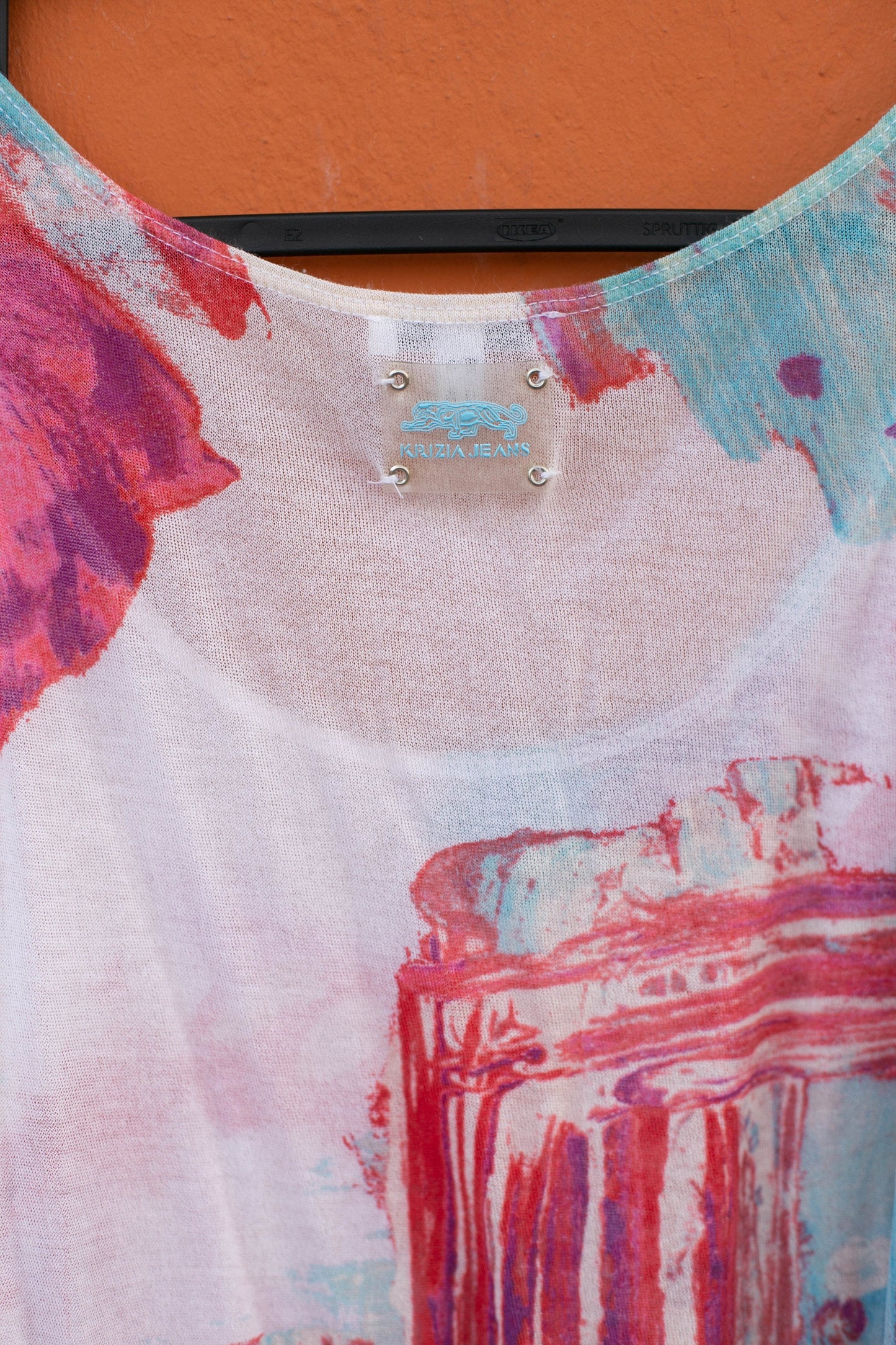 Vintage Y2K Krizia Jeans camisole, Colourful tank top, Pink and blue sheer top, See through net shirt, lightweight summer clothing, USA 8