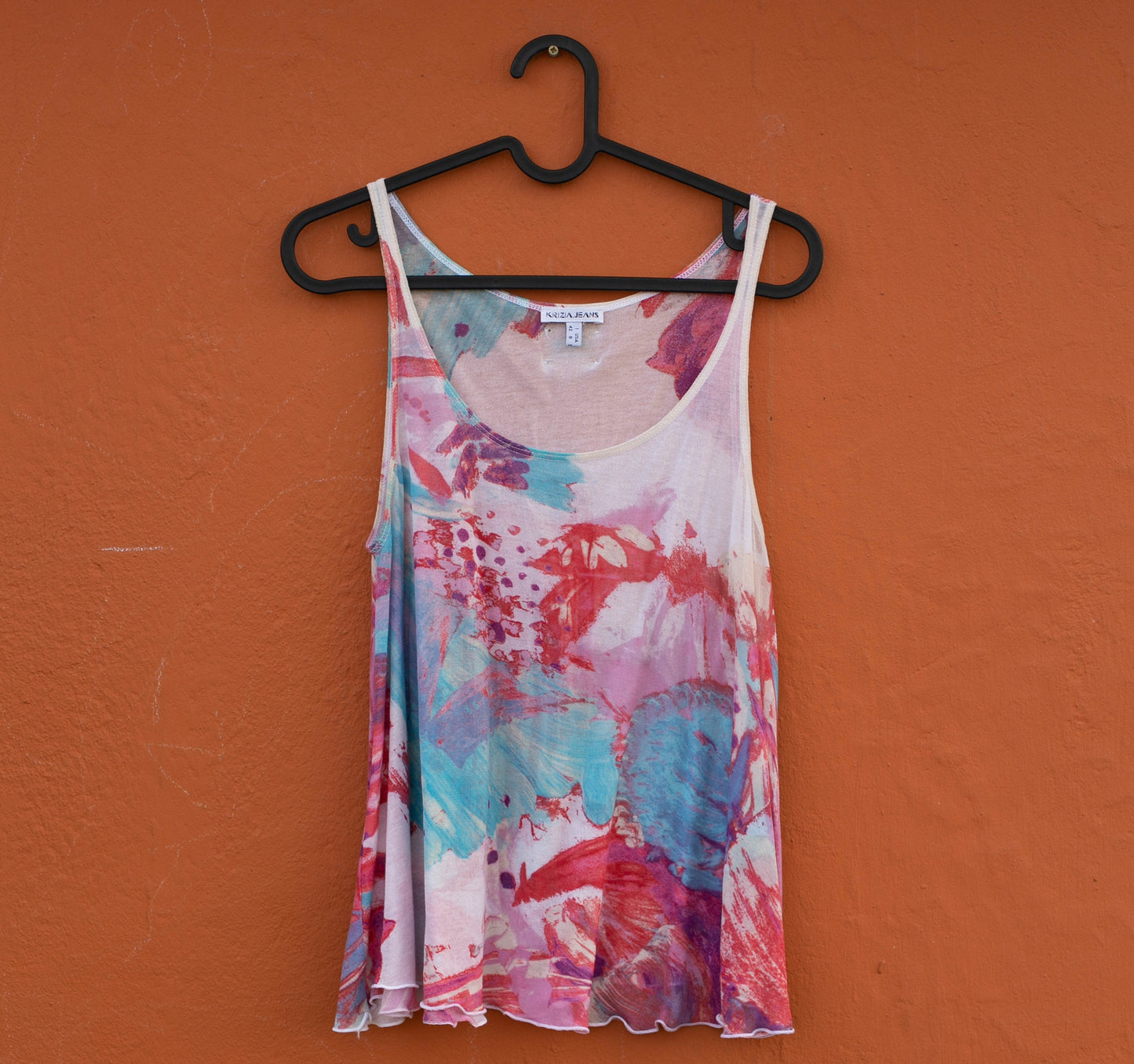 Vintage Y2K Krizia Jeans camisole, Colourful tank top, Pink and blue sheer top, See through net shirt, lightweight summer clothing, USA 8