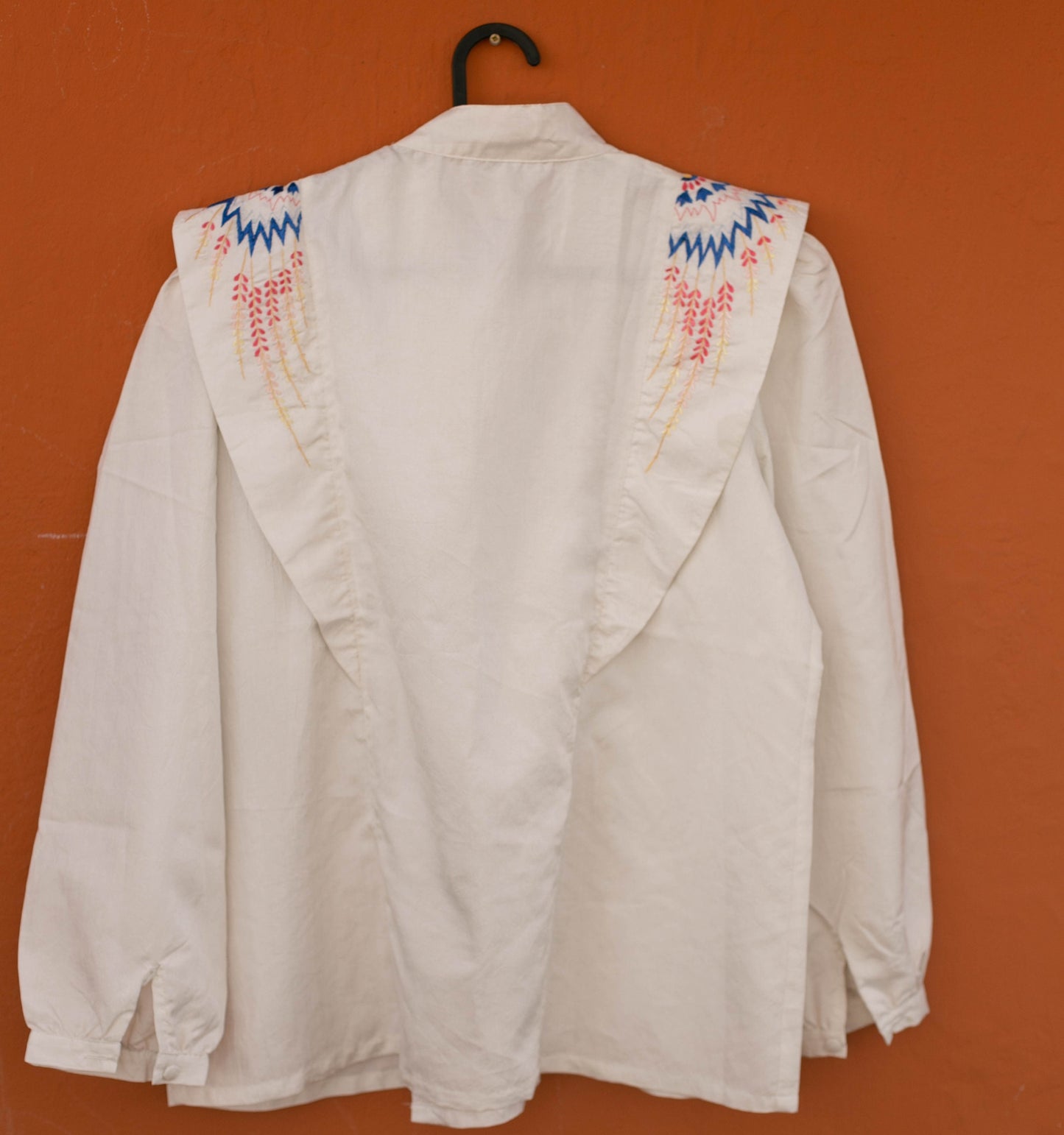 80s vintage woman blouse with shoulders, Bohemian Embroidered Blouse, Statement piece button up top, Vintage woman clothing
