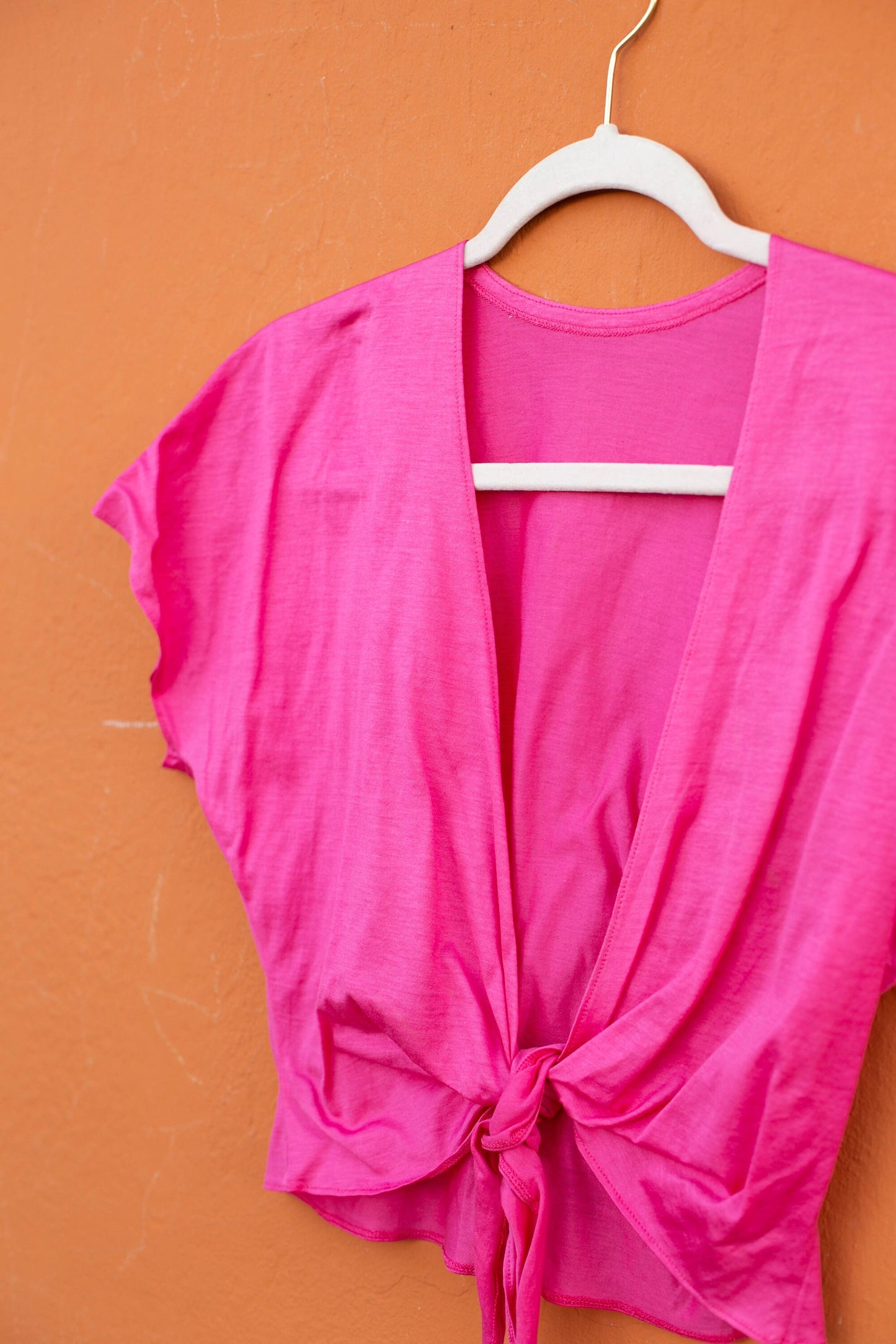 Vibrant Pink Cropped Tie-Front Blouse, Vintage Barbiecore V-Neck Top
