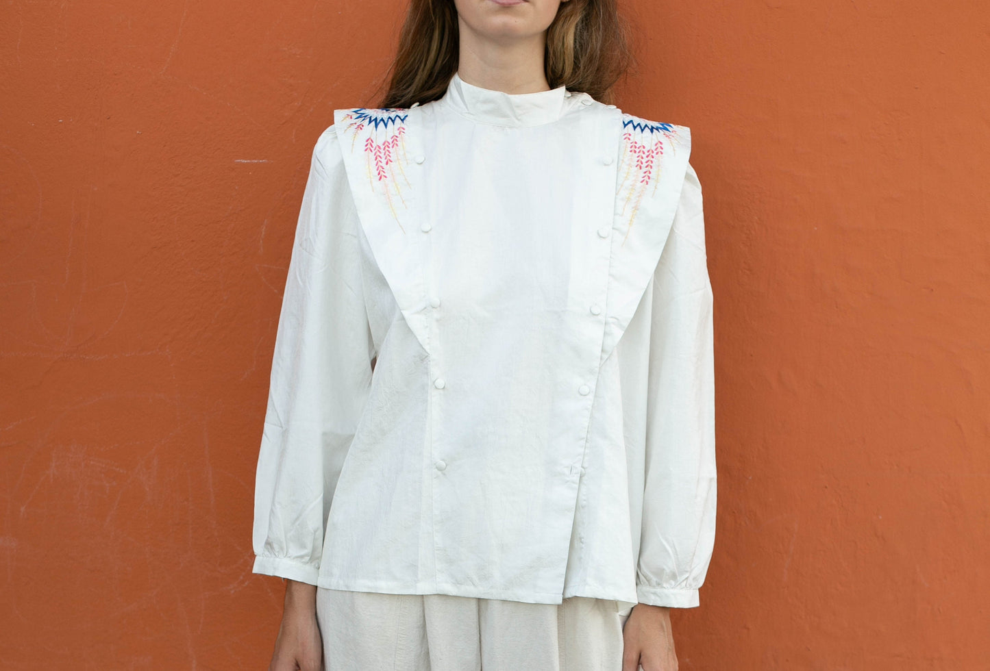 80s vintage woman blouse with shoulders, Bohemian Embroidered Blouse, Statement piece button up top, Vintage woman clothing