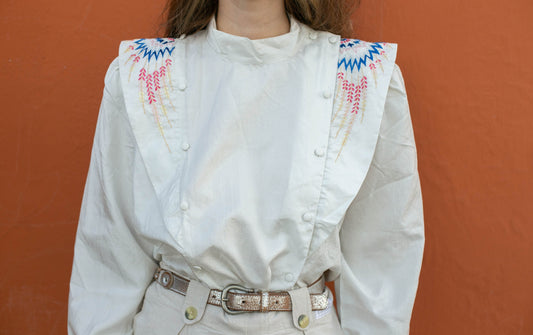 80s vintage woman blouse with shoulders, Bohemian Embroidered Blouse, Statement piece button up top, Vintage woman clothing