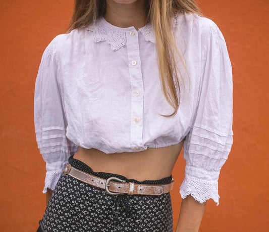 Antique french white cotton cropped top, Vintage puff sleeve Linen top, Cottage Core romantic top, Lace detailing, M -L