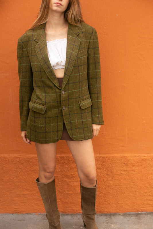 Classic Confar Italian Tweed Blazer, Moss green plaid light academia blazer jacket, Oversized wool outdoor wear, Autumn fahsion aesthetic