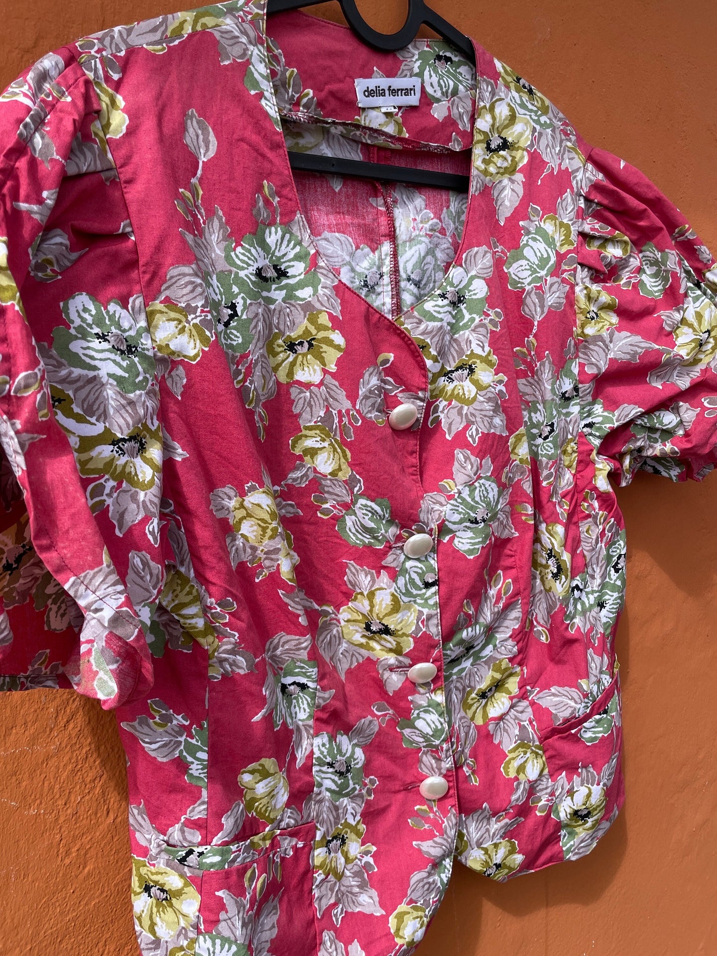 Vibrant Vintage Pink Floral Women's Blouse, Playful Retro blouse with Puffed Shoulders - Vintage Charm Meets Modern Style