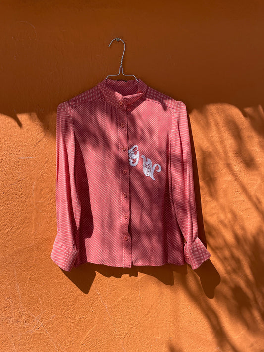 Vintage Pink Polka Dot Blouse, Lace Monogram Cottagecore Shirt