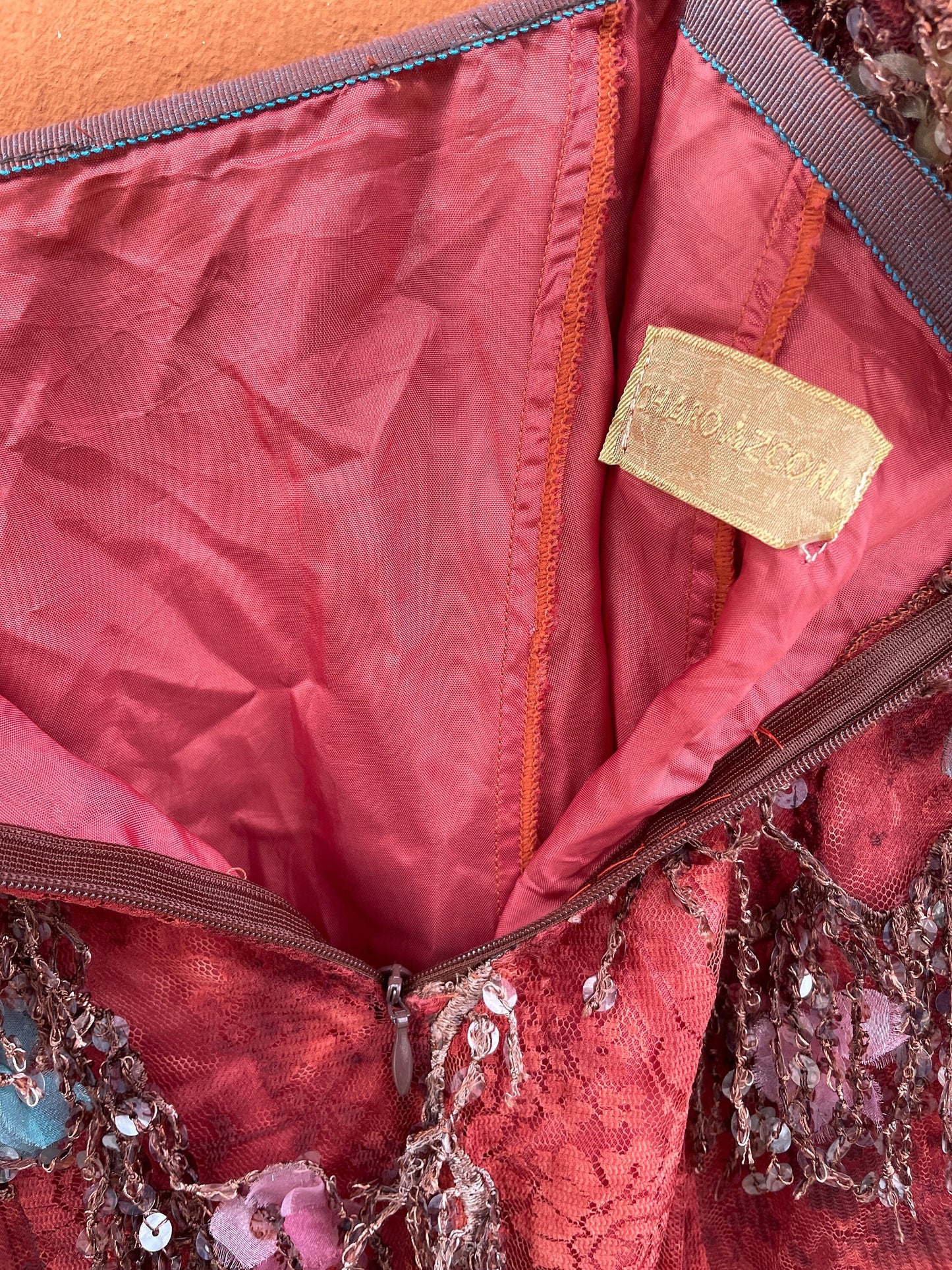 Vintage Charo Azcona Wine Red High-Waist Skirt with Lace and Sequin Embellishments, Formal event Spanish designer skirt