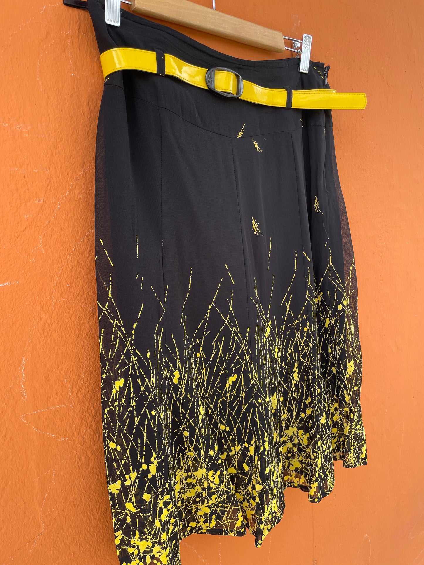 Vintage Black Skirt with Abstract Yellow Splash and Belt - Summer Chic